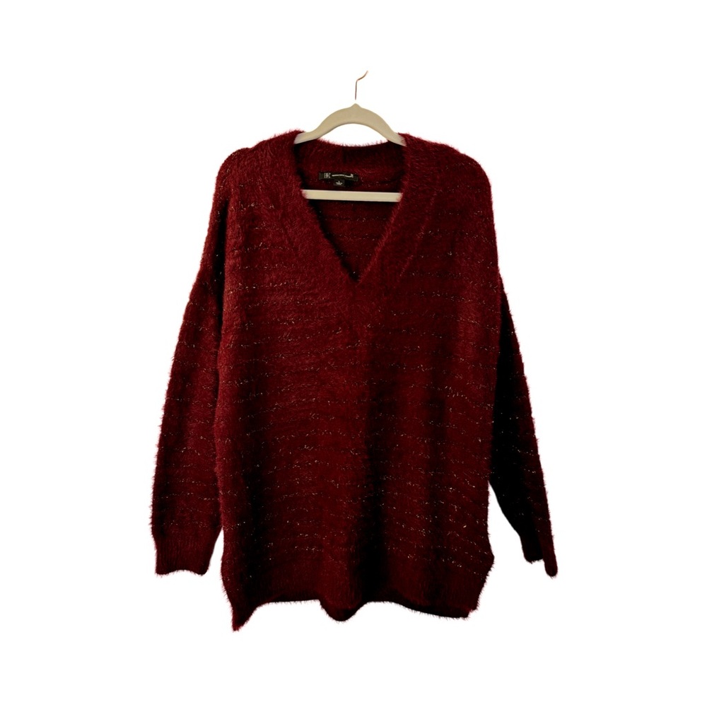 INC fuzzy V-Neck hi-lo sweater. Deep burgundy gold fleck stripe. Size large cozy
